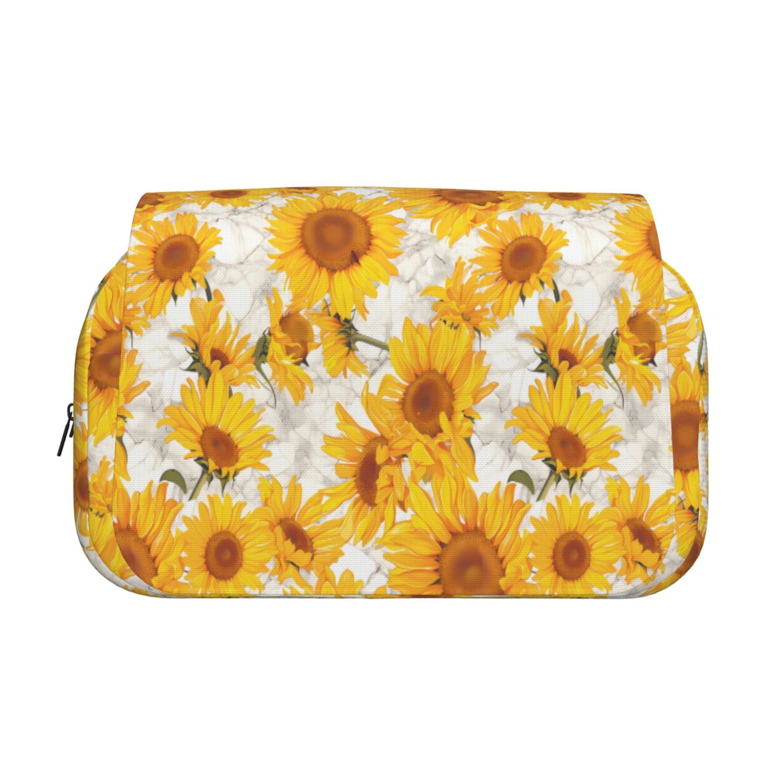 Rateoe White Marble Pattern Sunflower Pattern Double Clamshell Pen Case, Storage Organizer with Two Zipper Compartments– Holds Up to 50 Pencils & Pens
