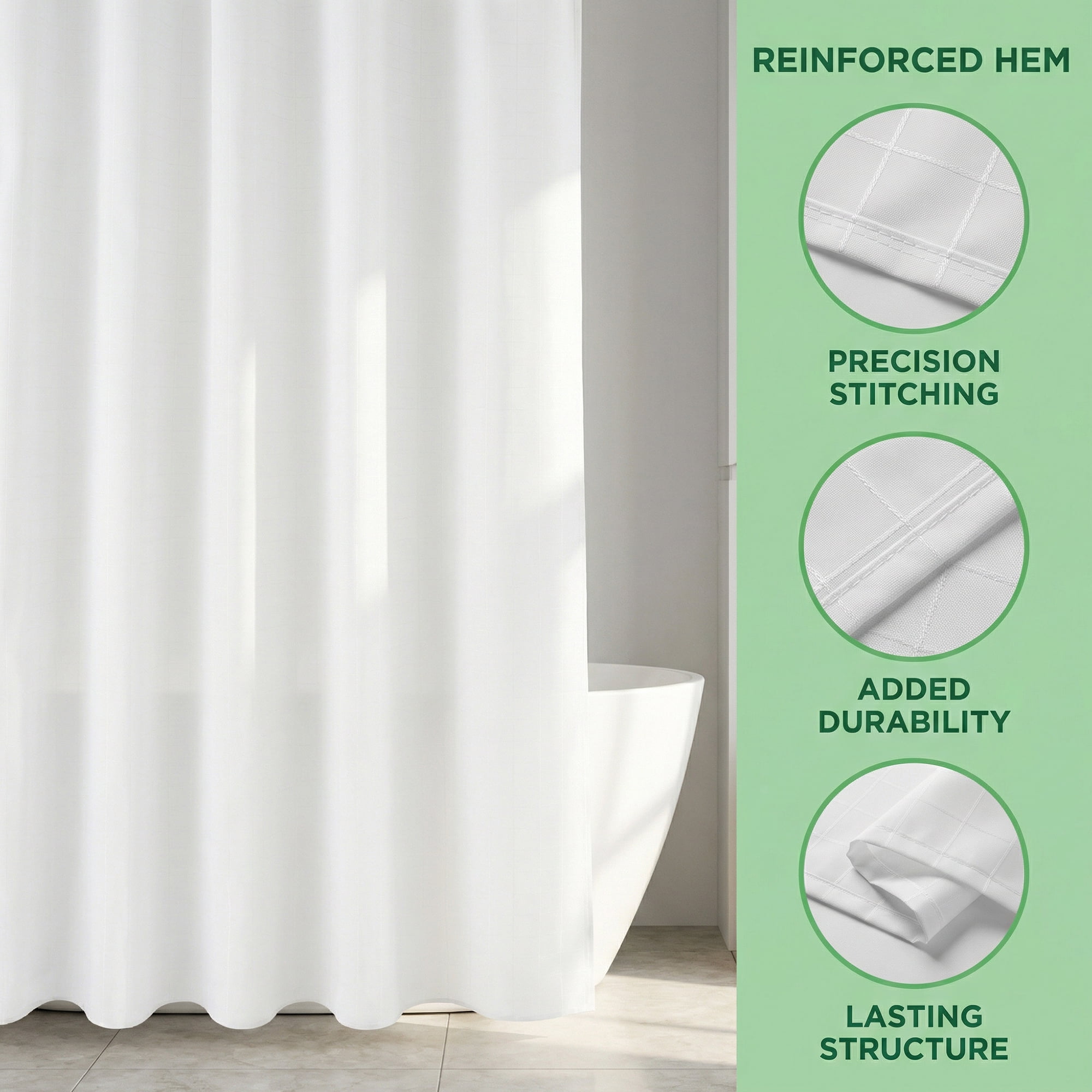 Unique Bargains Plaid Textured Shower Curtain Sets with 12 Hooks White 71"W x 71"L
