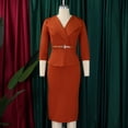 thumbnail image 3 of AURA Plus Size Belted Pencil Midi Dress Large Lapel Collar High Waist 3 4 Sleeve Elegant Office Dress with Zipper, 3 of 10