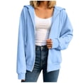 thumbnail image 3 of HomeDM Women's Full Zip Up Hoodie Sweatshirts Solid Color Long Sleeve Pullover Tops with Pockets Fall Trendy Hooded - Light Blue/L, 3 of 8