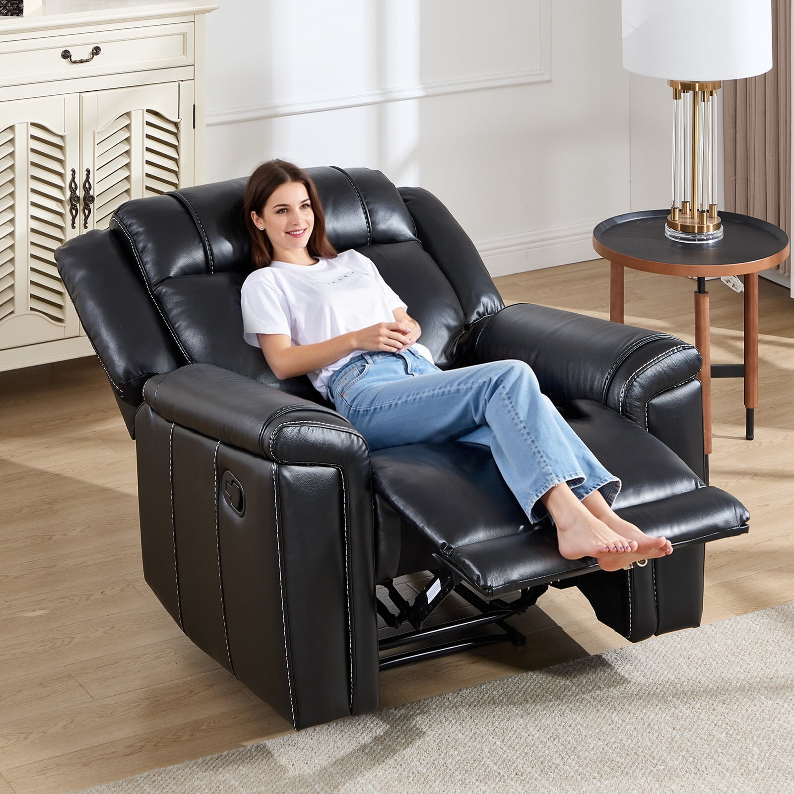 Ebello Faux Leather Manual Recliner, Mid-Century Modern Reclining Chair with Padded Headrest and Armrest for Living Room, Home Theater, Office, Black