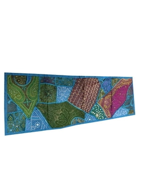 Mogul Boho Ethnic Table Runner Blue Sari Patchwork Hand Embroidered Wall Hanging 60x20
