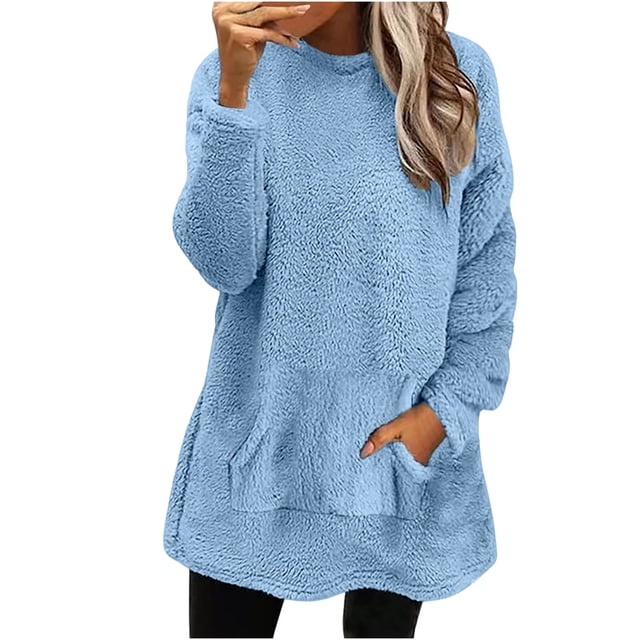 Birdeem Blouse à Manches Longues pour Femmes, Col Rond, en Peluche, Automne et Hiver, Ample, Unie, avec Poche, Chaude