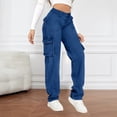 thumbnail image 3 of Cargo Denim Pants for Women Blue Straight Wide Leg Jeans Trendy Multi-pocket Streetwear Outdoor Work Going Out High Waist Pants, 3 of 9