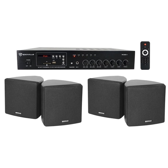 Rockville Commercial Restaurant Bluetooth Amplifier (4) 3.5" Black Cube Speakers