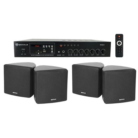 Rockville Commercial Restaurant Bluetooth Amplifier+(4) 3.5 Black Cube Speakers