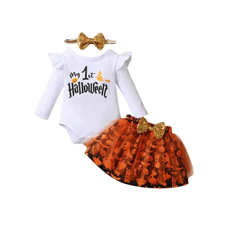 

Sunisery Baby Girls my 1st Halloween Clothes Set Letter Print Romper Cartoon Mesh Bubble Skirt Headwear White 6-12 Months
