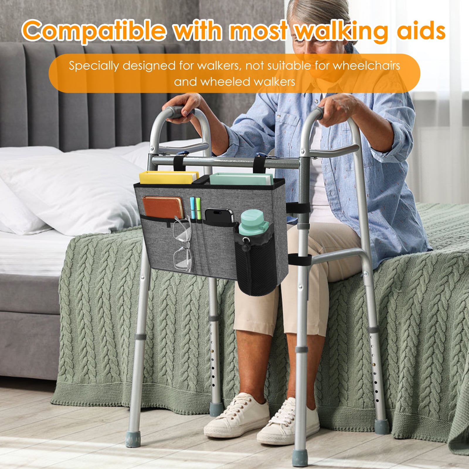 Walker Bag Multi Pockets Walker Basket with Cup Holder Foldable with Large Capacity & Never Tipping Over- for Seniors Elderly