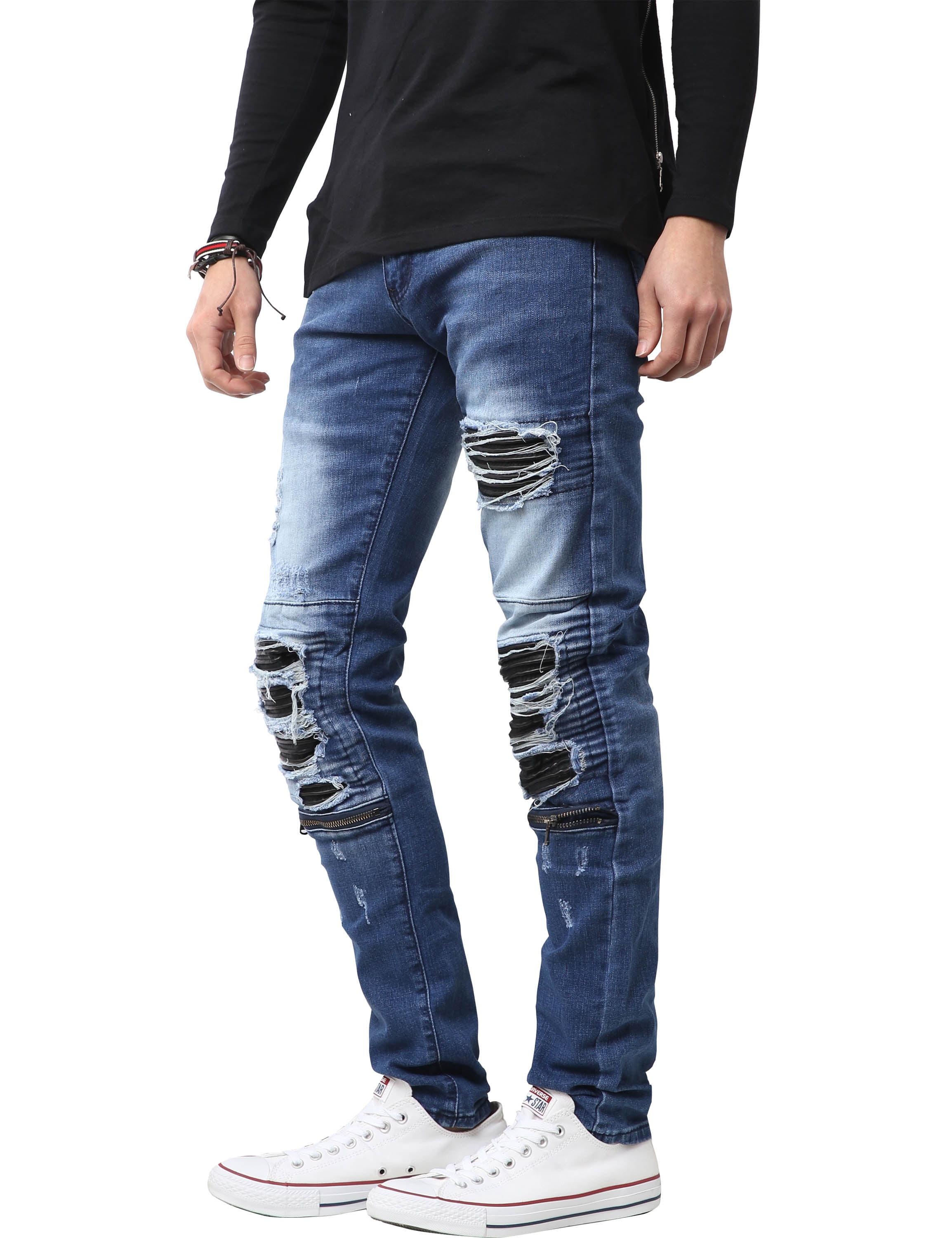 Ma Croix Mens Biker Jeans Distressed Ripped Zipper Straight Slim Fit ...