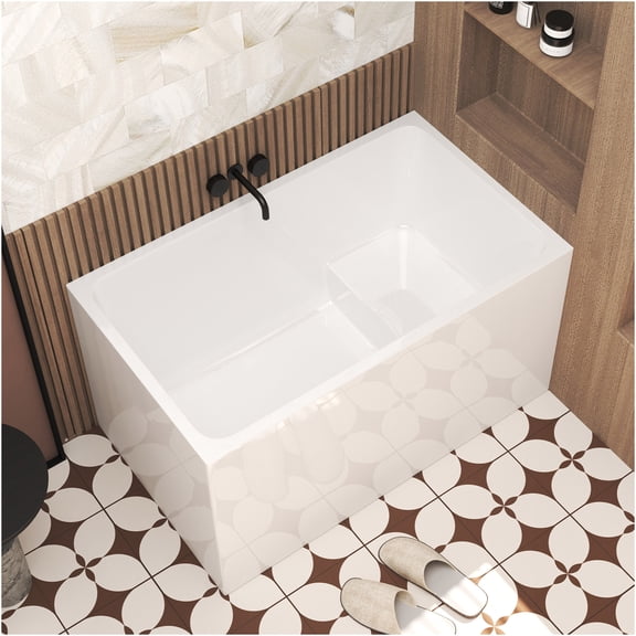 JERFIT 47 Inch Freestanding Soaking Tub with Built-in Seat, Gloss White Acrylic Bathtub, Space Saving Rectangular Design, Includes Chrome Overflow Drain, CUPC Certified