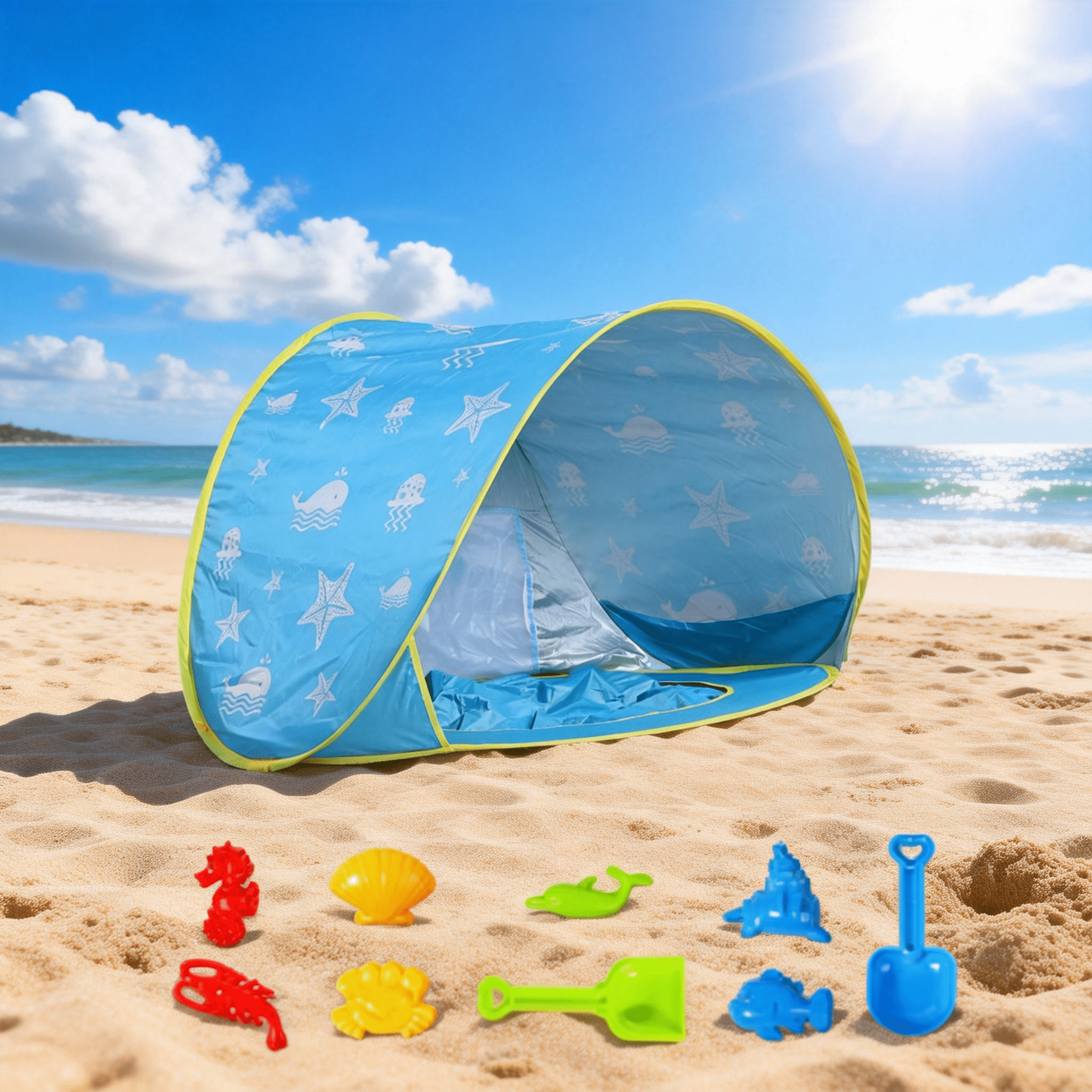 PigPigPen Pop Up Sun Shelter for Baby: Beach Tent with UV Protection & Waterproof Cabana - Infant Pool Shade Umbrella（Equipped with beach toys）