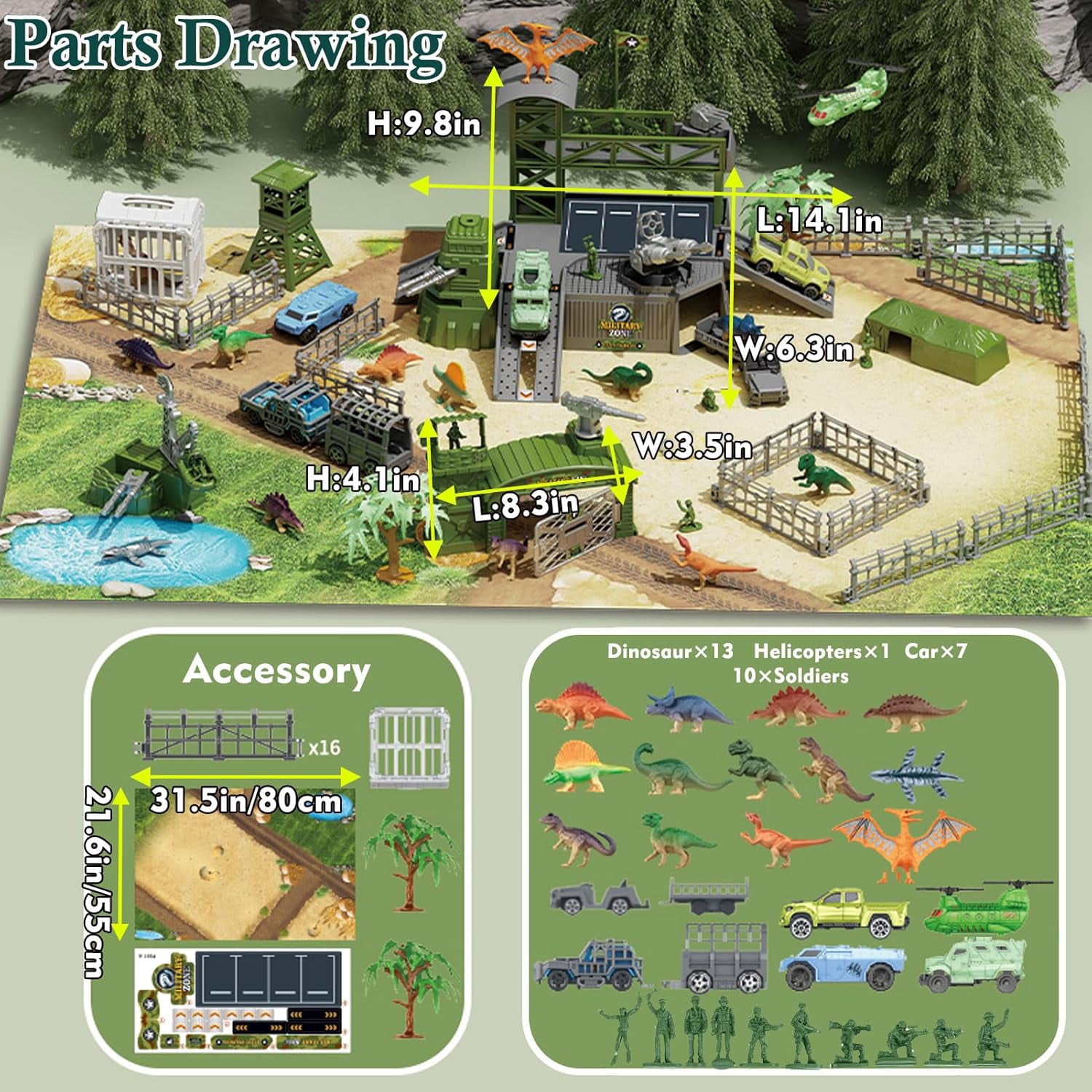 STEM Military Dinosaur Battle Playset - 56 Piece Army Toy Set with Soldiers, Helicopter, Je-ep, Trucks, Cannon, Tents & Battle Mat - Educational Combat Toys for Boys Ages 3-12