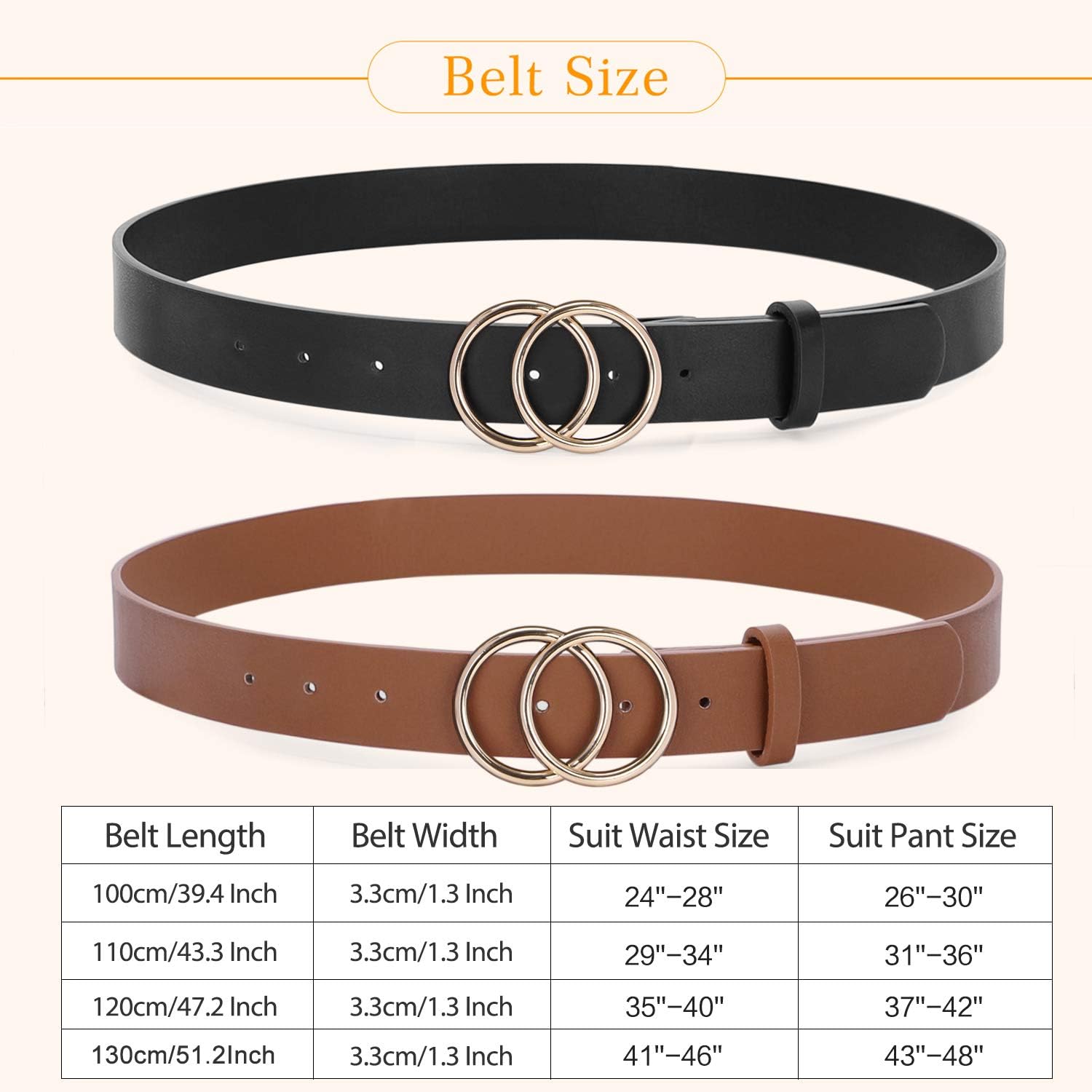 Women Leather Belt Fashion Double O-Ring Soft Faux Leather 