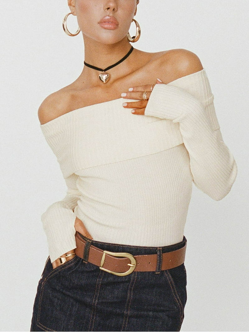 Arvbitana Women's Off-Shoulder Cropped Sweater Solid Color