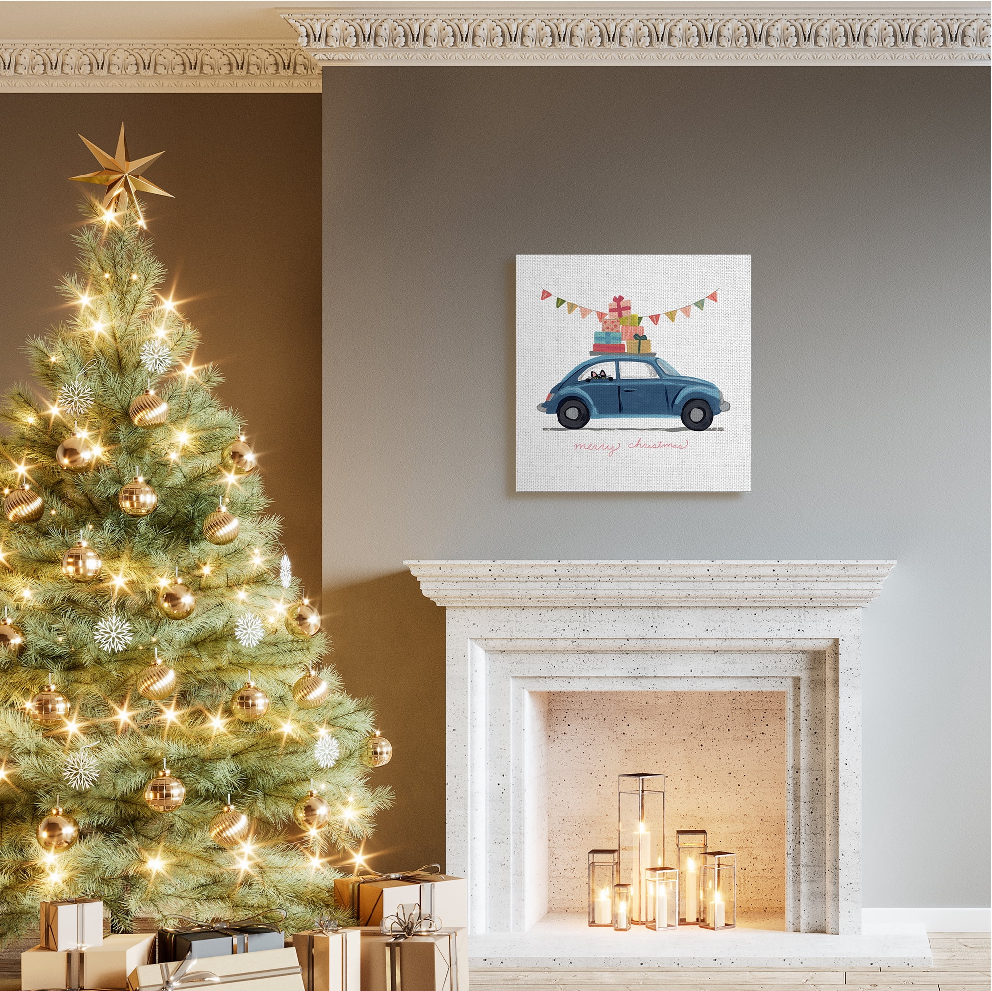 Stupell Industries Blue Christmas Cat Car with Present Stack Transportation Painting Gallery Wrapped Canvas Art Print Wall Art, 30 x 30