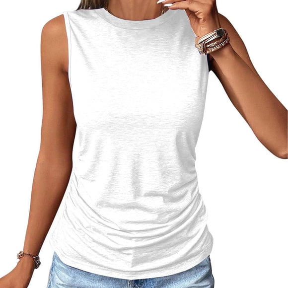 Meichang Débardeurs pour Femmes Hauts d'Été Sans Manches T-Shirts Décontractés à Col Rond Coupe Ample T-Shirts Basiques Couleur Unie Sortie Débardeurs de Sport pour Femmes, Blanc G