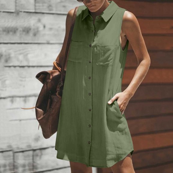 Women's Casual V-Neck Short Sleeve Tunic Dress with Pockets, Solid Color Summer Tank Dress for Daily Wear and Outings