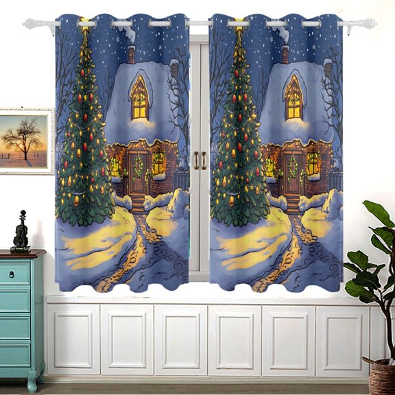 Christmas Tree Cozy Cabin in Snow Window Curtains Drapes with Grommets Light Filtering 2 Panels 54" x 55"