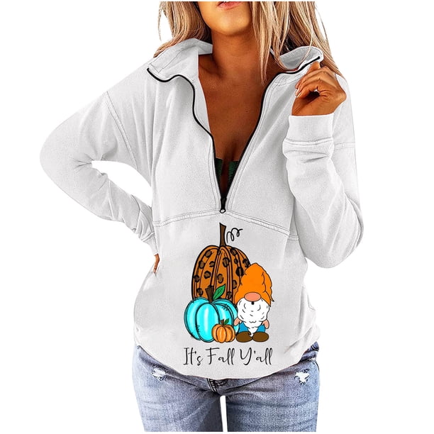 Sudadera con cuello en V para mujer, bonita sudadera recortada con cremallera para entrenamiento, Tops de Acción de Gracias para mujer Pompotops FGAJ19719