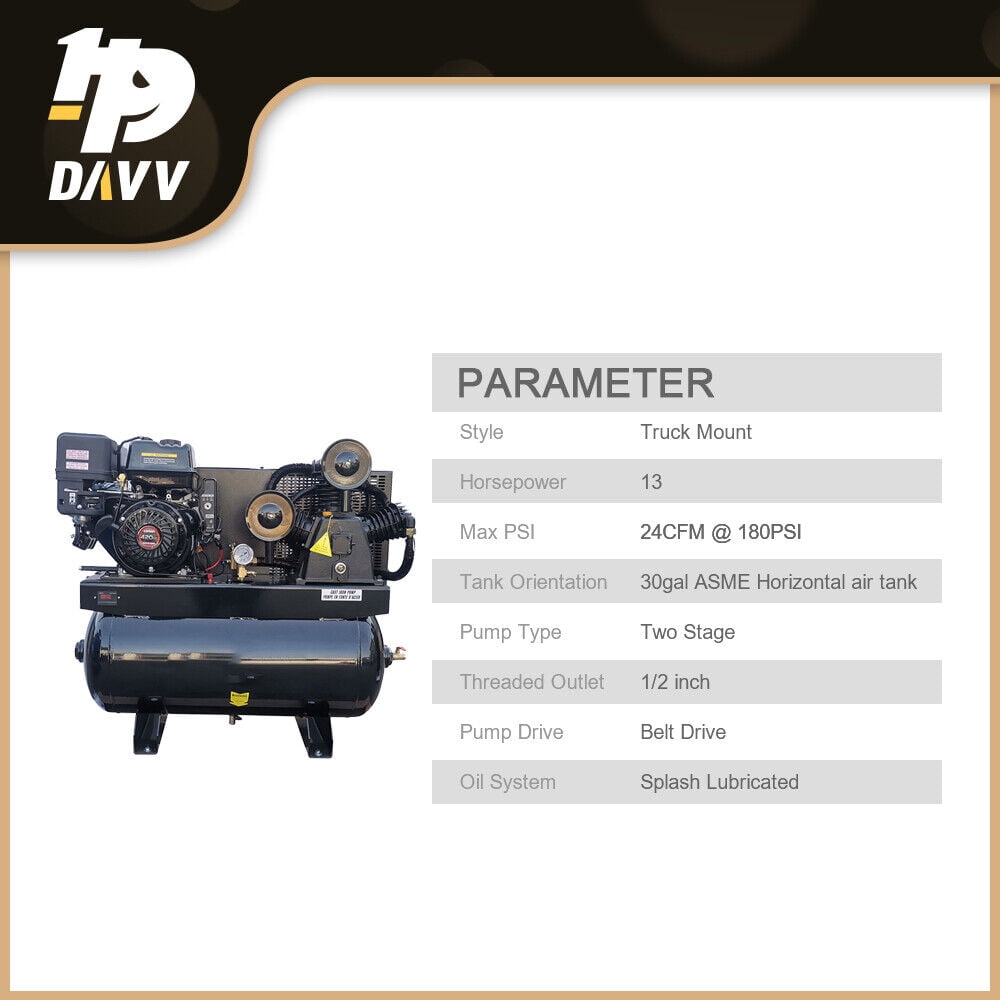 HPDAVV 13HP Gas Powered Air Compressor 24CFM Electric Start Gasoline Driven Piston Pump Air Compressed System Max. Pressure180PSI w/30 Gal ASME Tank for Truck, Workshop, Construction Sites, Machinery