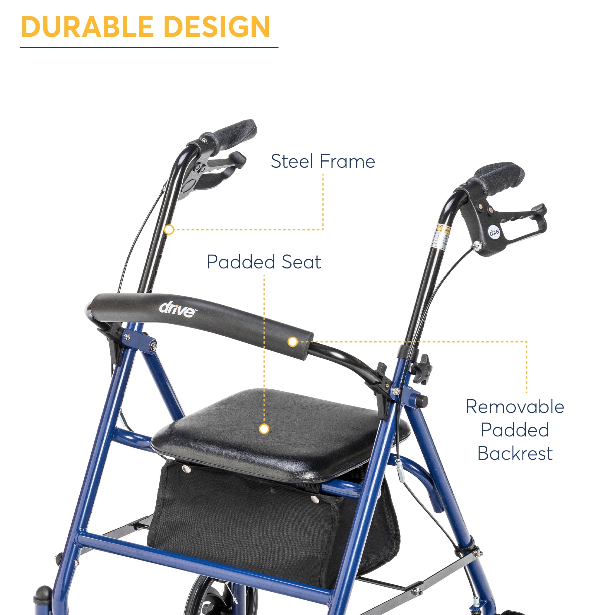 Drive Medical Four Wheel Rollator Rolling Walker with Fold Up Removable Back Support, Blue
