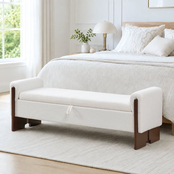 BaseBeauty 64" Storage Bench for Bedroom with Walnut Wood Leg, White