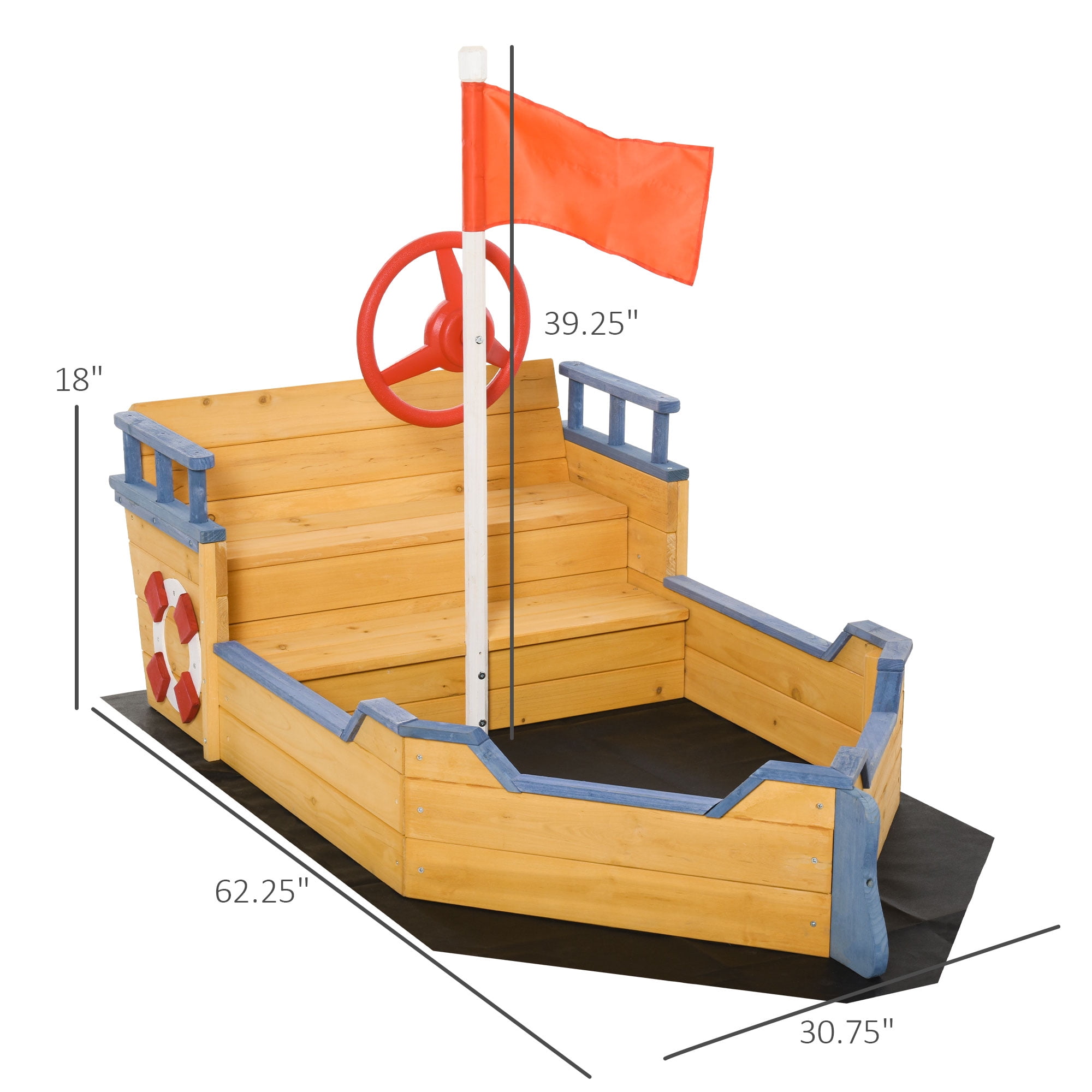 Wooden Kids Pirate Sandbox, Outdoor Sandboat with Bench Seats & Storage, Non-Woven Fabric Liner for Backyard & Lawn