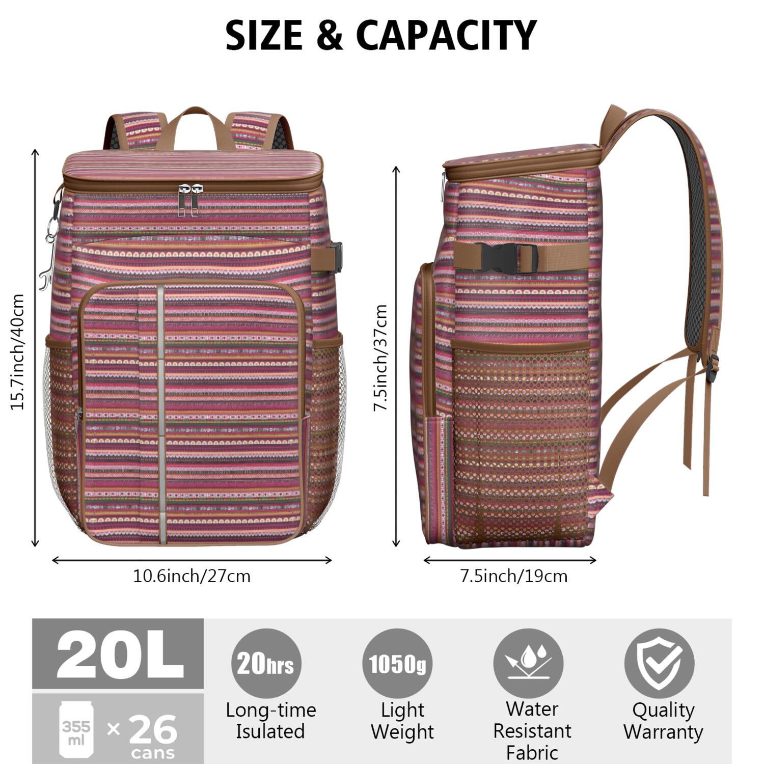 Travel Cooler Bag - Boho Bohemia Pioneer Flower Geometric Line Art Camping Beer Cooler Backpack with Bottle Opener- Waterproof Insulated Picnic Backpacks - Cooler Bag for Beach