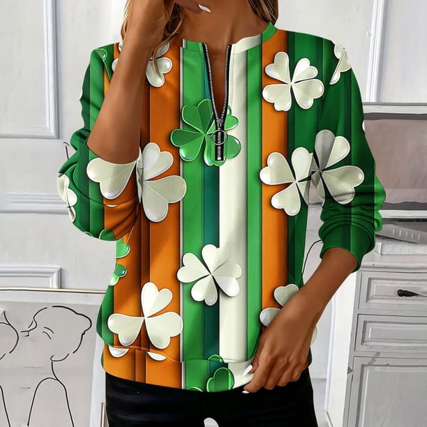 TaTaai Ladies St. Patrick's Day Print Fashion Loose Round Neck Sweatshirt Long Sleeve Casual Pullover Top Soft for Daily Home Office Streetwear Gift