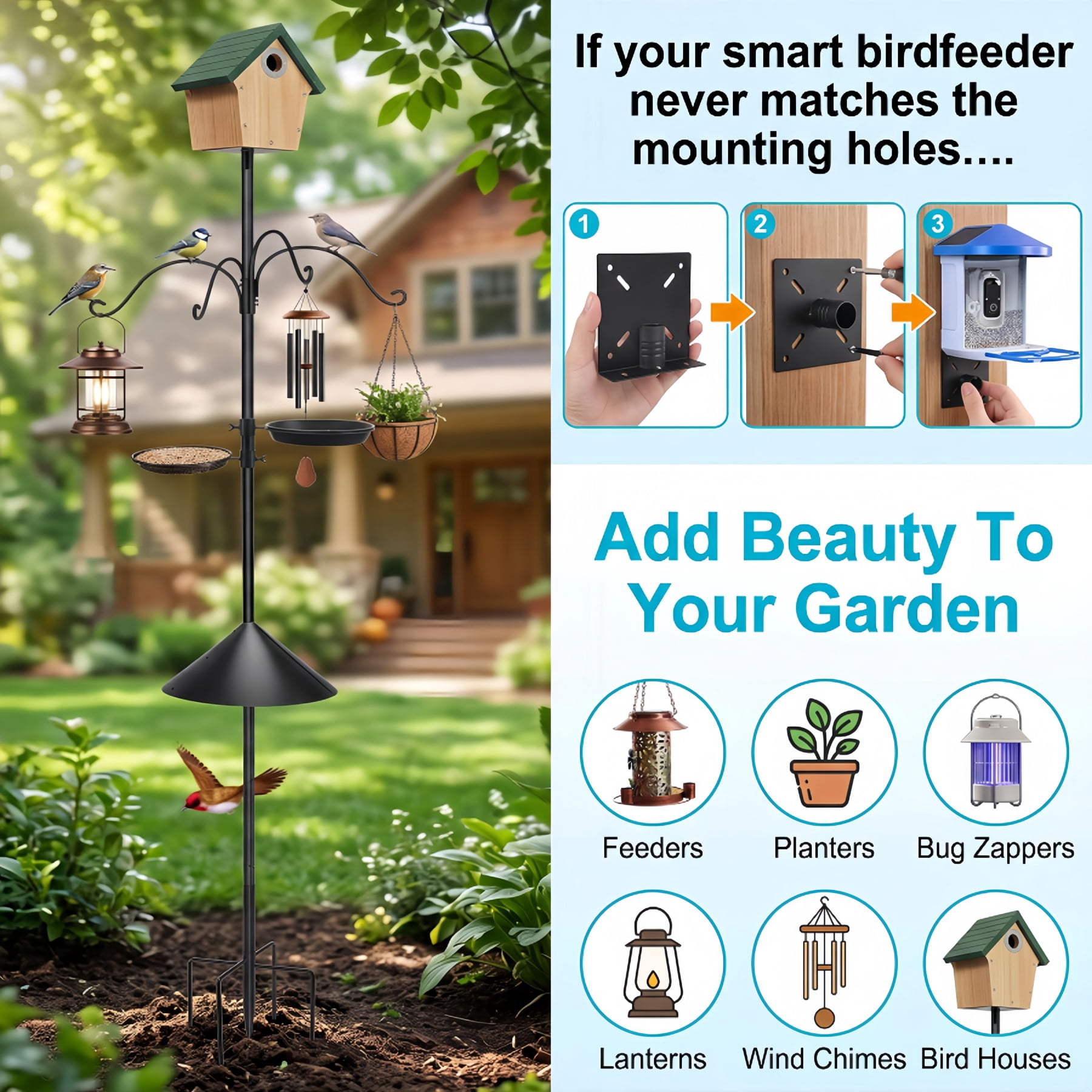 Umailgoo 92" Bird Feeder Pole with Squirrel Proof Baffle & 4 Shepherds Hooks- Adjustable Heavy Duty Bird House Feeding Station Stand Kit with 5-Prong Anchor for Outdoor Garden
