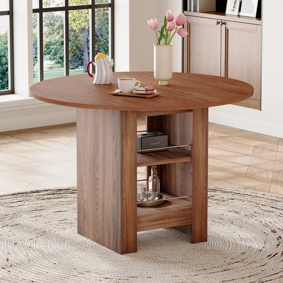 StnTalk 42 Inch Round Dining Table with 2-Tier Storage Shelf, Modern Walnut Finish MDF Kitchen Table for 4–6 People, Wooden Circle Dining Table for Dining Room Apartment