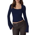 thumbnail image 5 of Yokua Women's Lace-trimmed Square Neck Flared Long Sleeve Cropped Midriff T-Shirt with Lace Trim - Slim Fit for Outings, 5 of 10