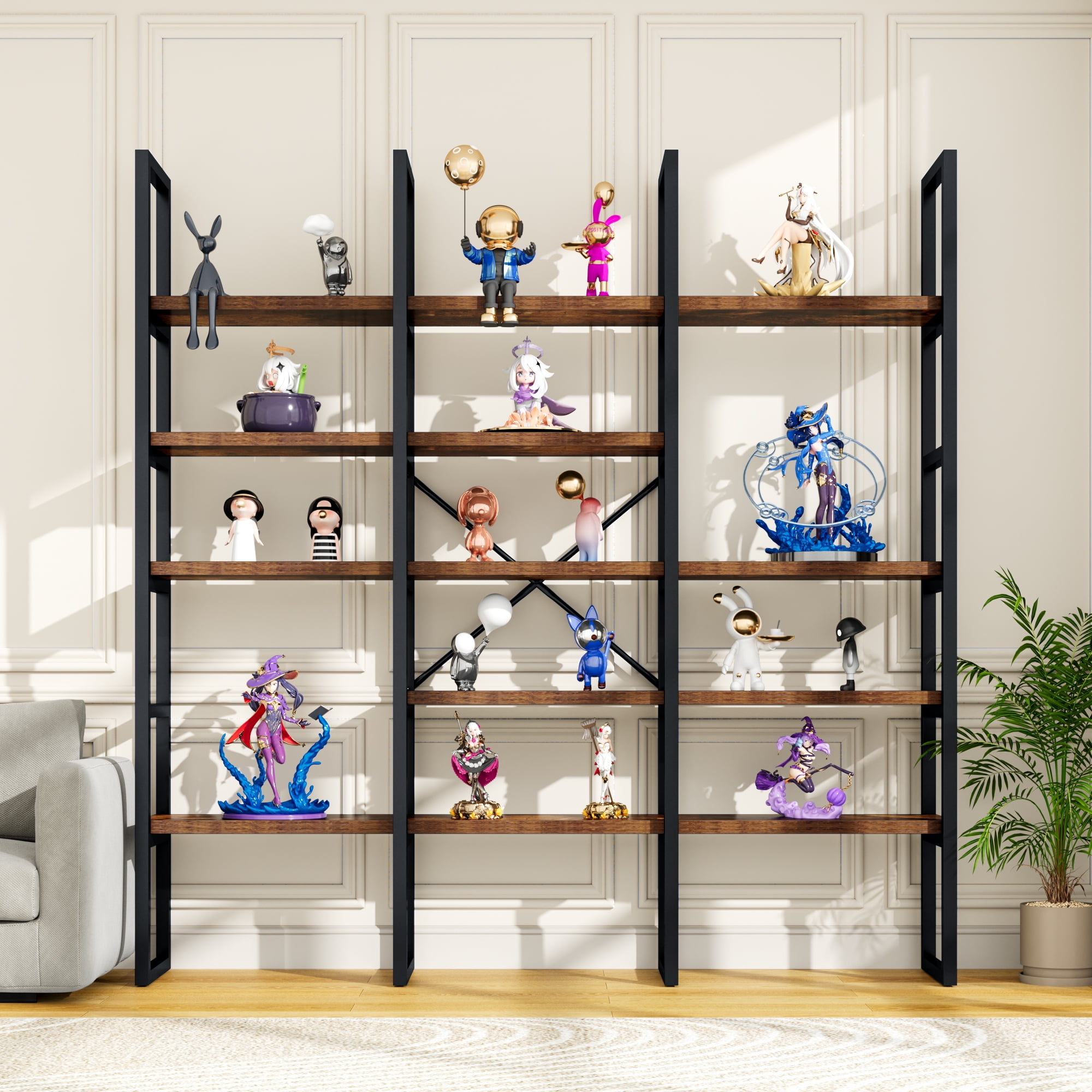 ModFurne Large Bookshelf 5 Tiers, Triple Wide Geometric Bookcase, 71 Inches Tall Industrial Book Shelves Etagere Book Case, Brown