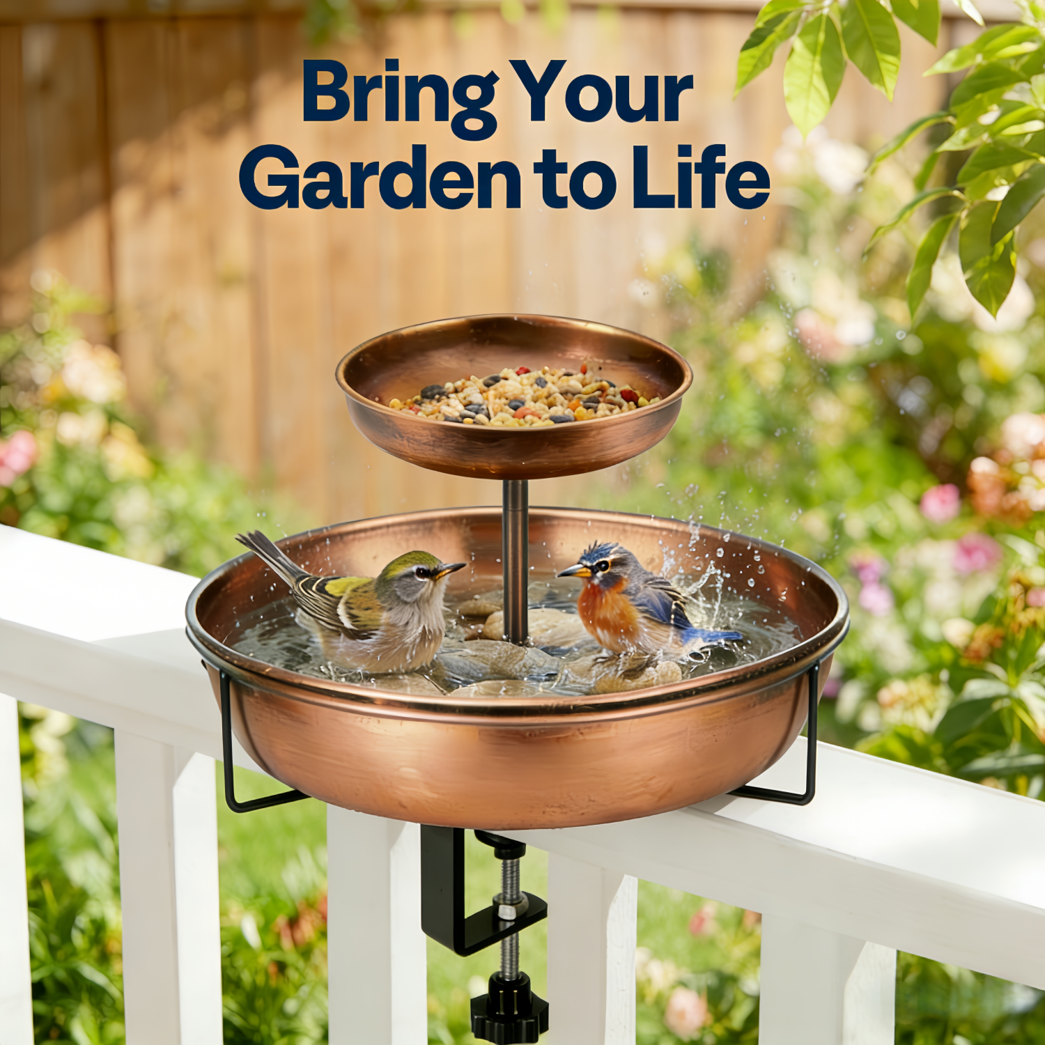 Deck Mounted Bird Bath with Bird Feeder, Adjustable Metal Clamp, Double-Tier Detachable Bird Bath for Deck Railing, Balcony & Fence, Rust-Resistant (Antique Bronze)
