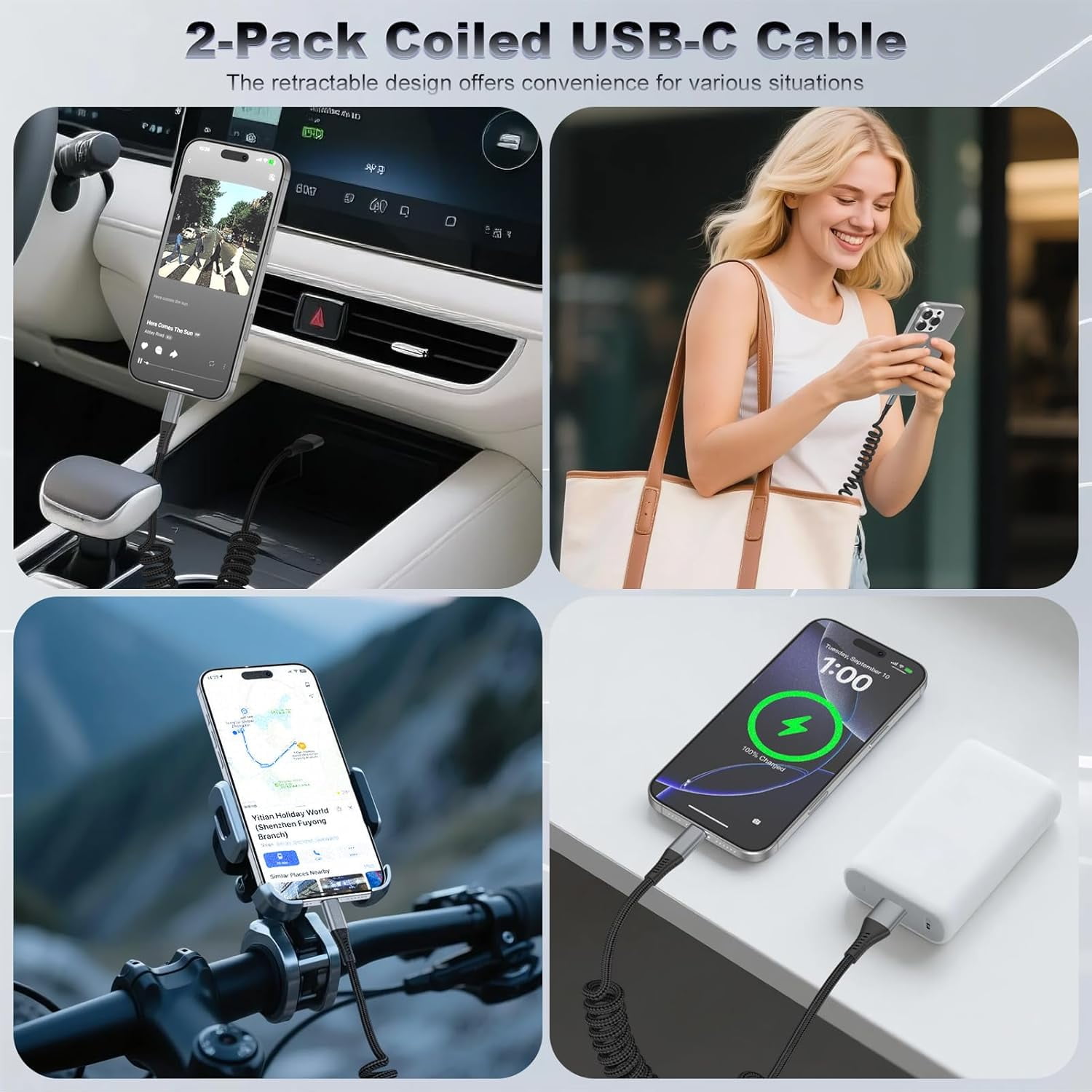 2Pack USB C Charger for Car, Coiled USB A to USB-C Cable Retractable - 3A Fast Charging & Tangle-Free Braided Type-C Cord for iPhone 17/16/15 Series/Pixel/Moto/LG and More (Flexible 1-3Ft)