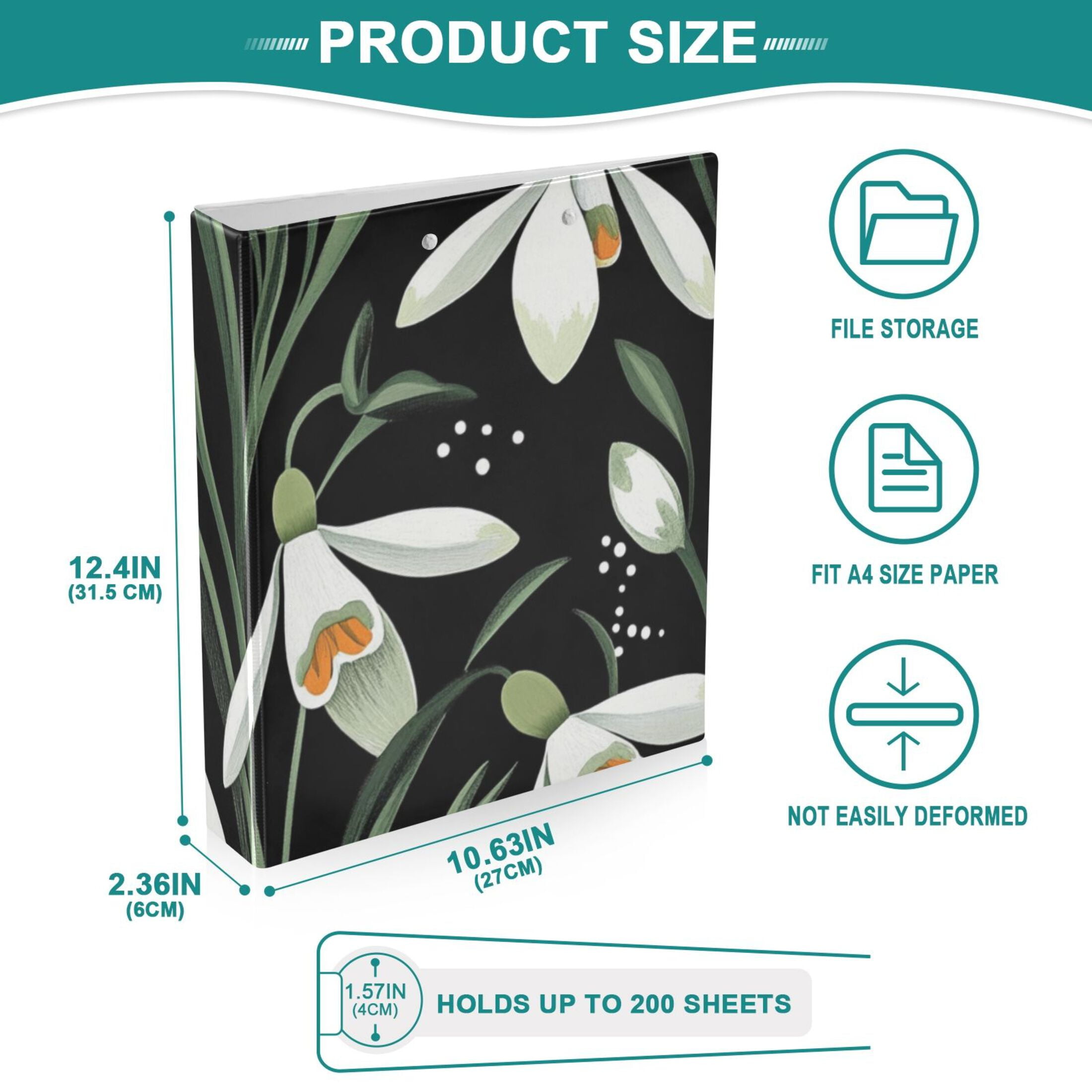 White Flowers in Dark 3 Ring Binders 1.5 inch Hardcover File Folders with Interior Pockets A4 Size Organizer for School Office Hospital Set of 2