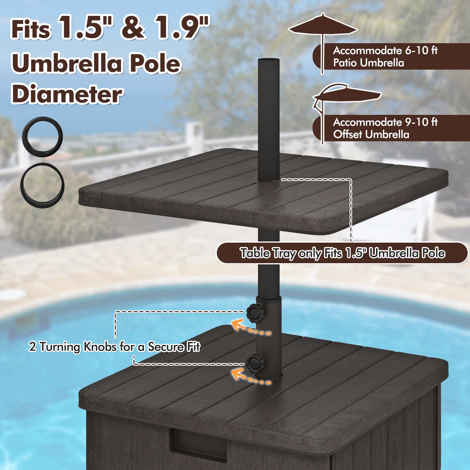 Gymax Patio 175lbs Fillable Umbrella Base w/ Table Tray Wheeled 3-in-1 Stand Outdoor