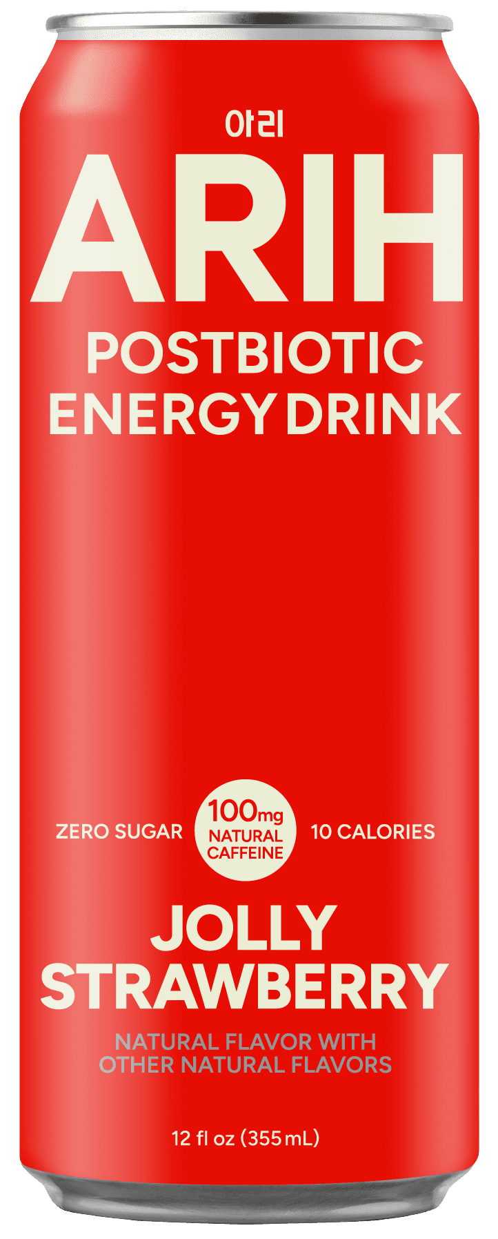 ARIH Postbiotic Energy Drink, Zero Sugar Clean Energy Drink with 100mg Natural Caffeine, Jolly Strawberry, 12 fl oz, 4 Pack