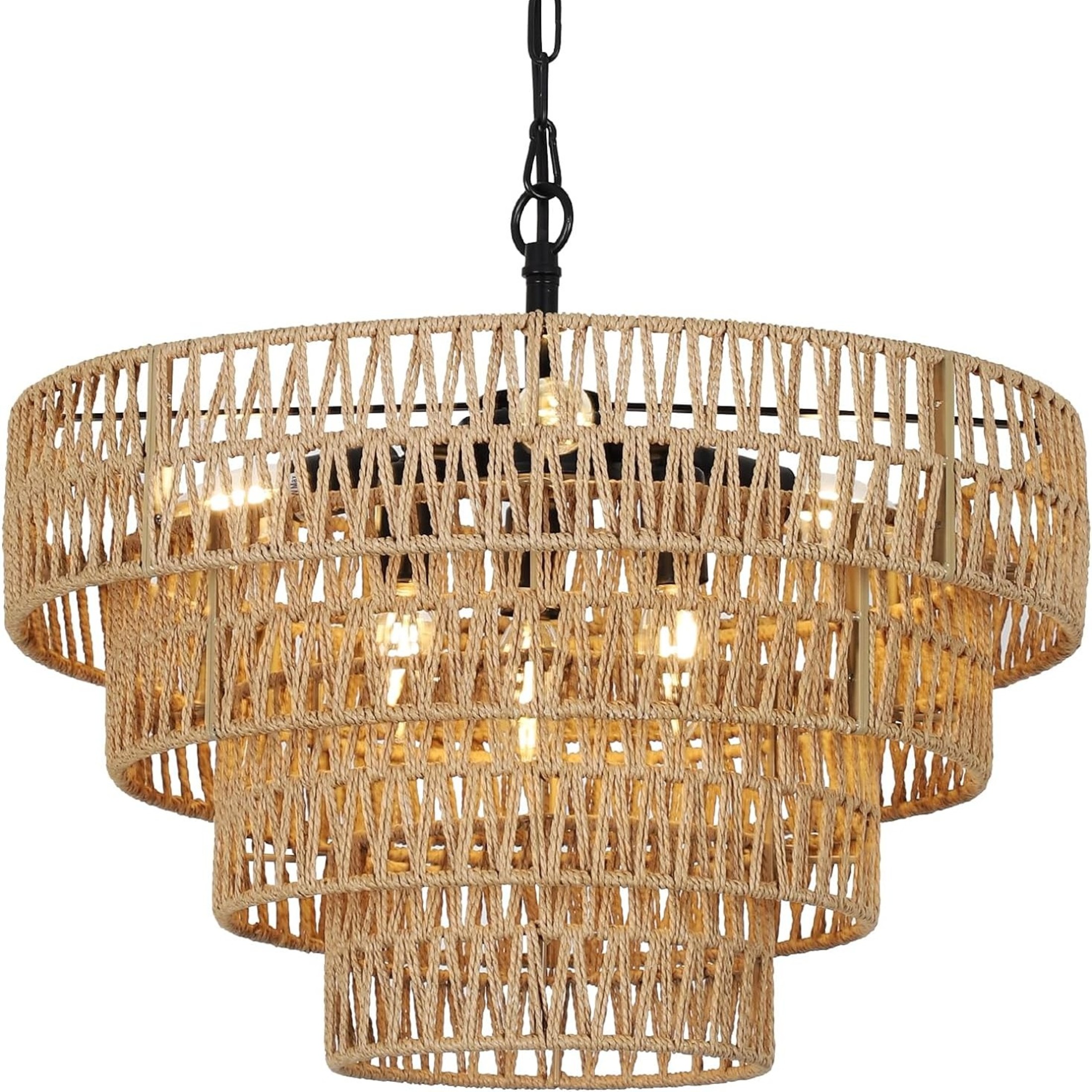 Noble House 20" Boho Adjustable Rattan Chandelier, 6-Light Farmhouse Pendant, 4-Tier Woven Shade, E12 Dimmable, Black