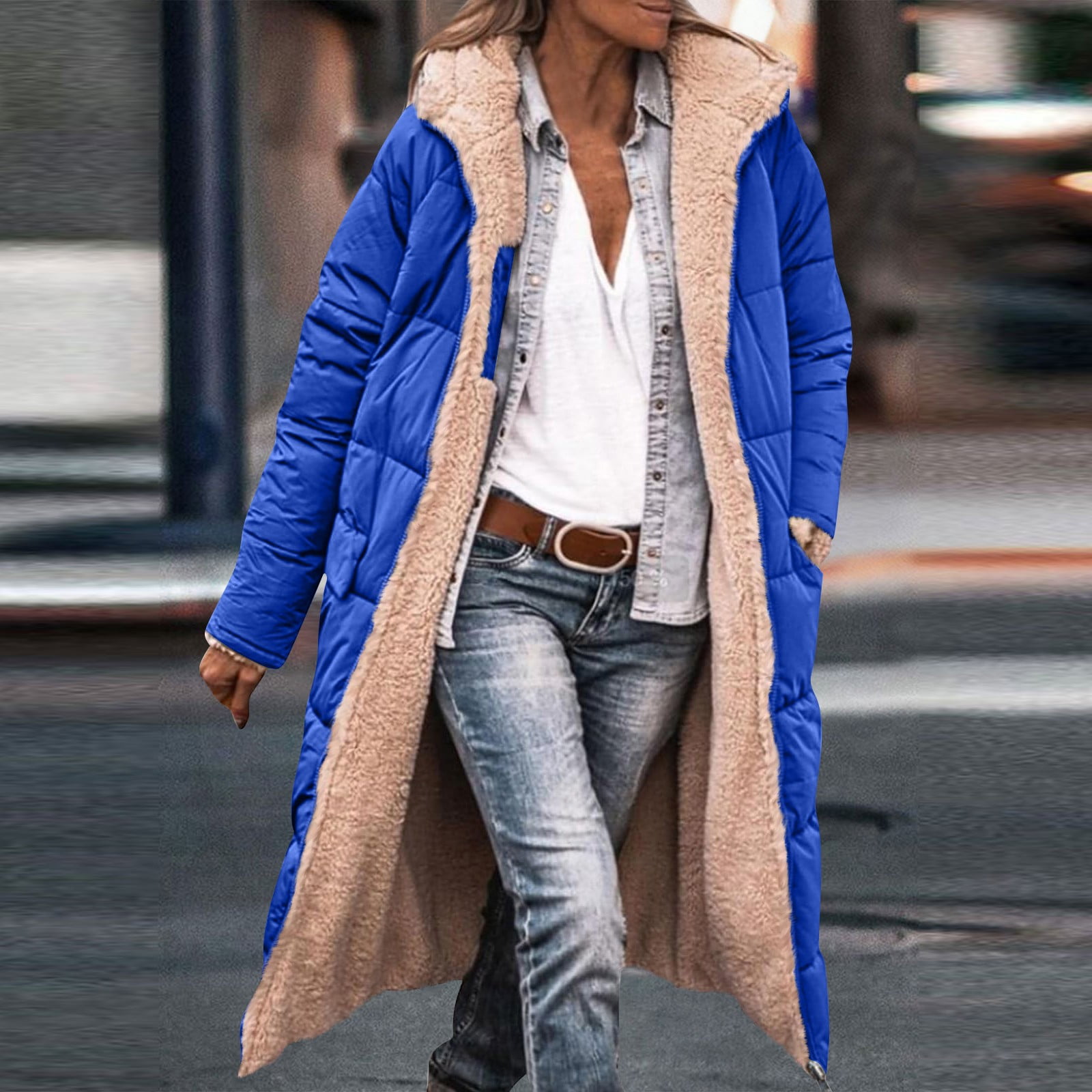 Fleece Jacket Women Long Puffer Coat Women Oversized Reversible Jackets Shearling Hooded Winter Fashion Coat Clothes Blue M