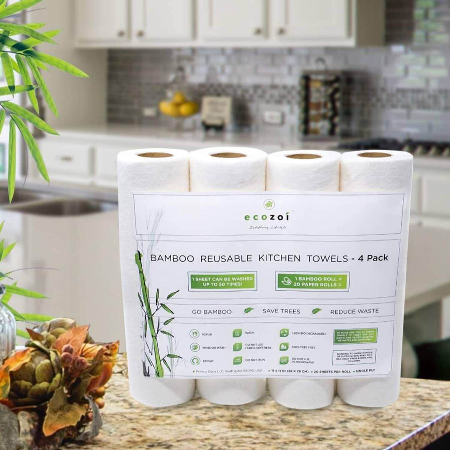 Reusable Bamboo Kitchen Paper Towels - Tree-Free, Eco-Friendly Rolls, 4-Pack