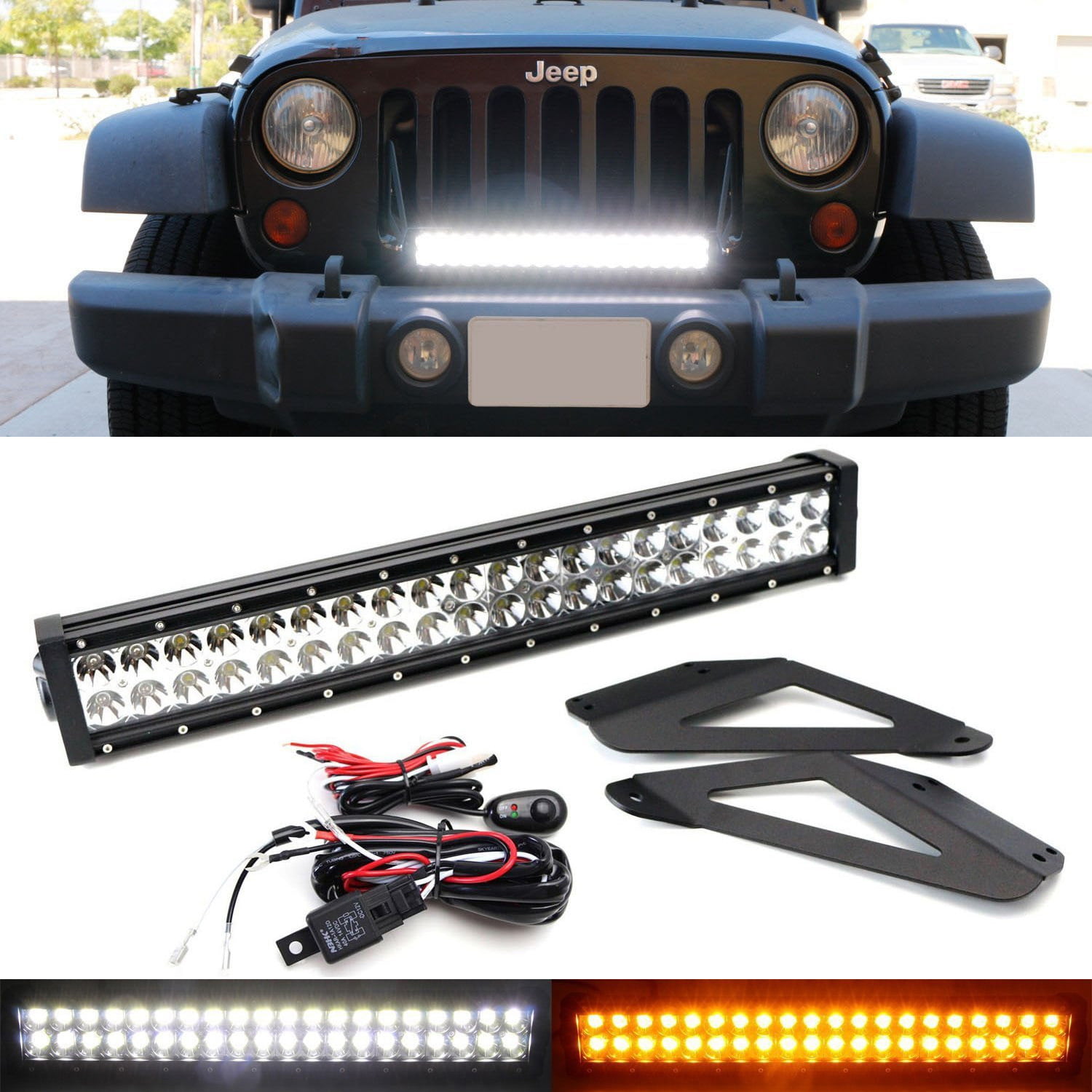 iJDMTOY Front Grille Mount 20-Inch Dual Color LED Light Bar Compatible with  Jeep 2007-17 Wrangler JK, Includes (1) 120W White/Amber LED Lightbar, Grill  Front Mount Brackets & On/Off Switch Wiring Kit -