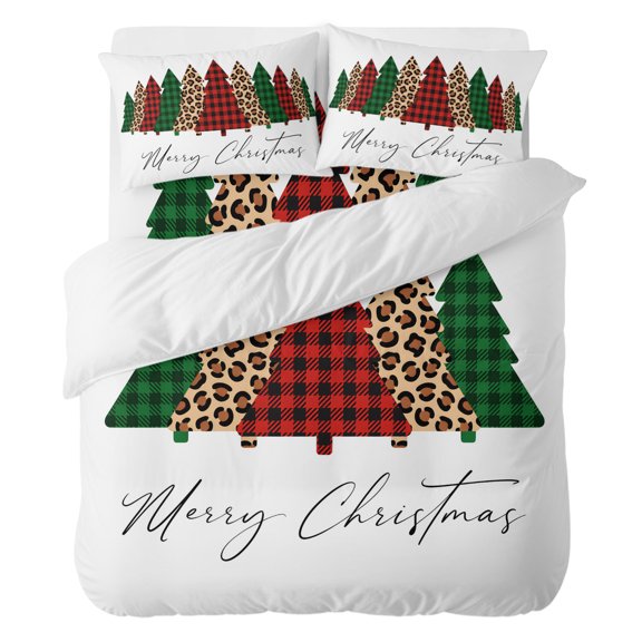 4 Pieces Duvet Cover Set Queen Size, Print Green Lattice Tree Comforter Cover Bedding Sets, Merry Christmas Words Bed Set Include 1 Duvet Cover with Zipper Closure,1 Bed Sheet,2 Pillow Shams