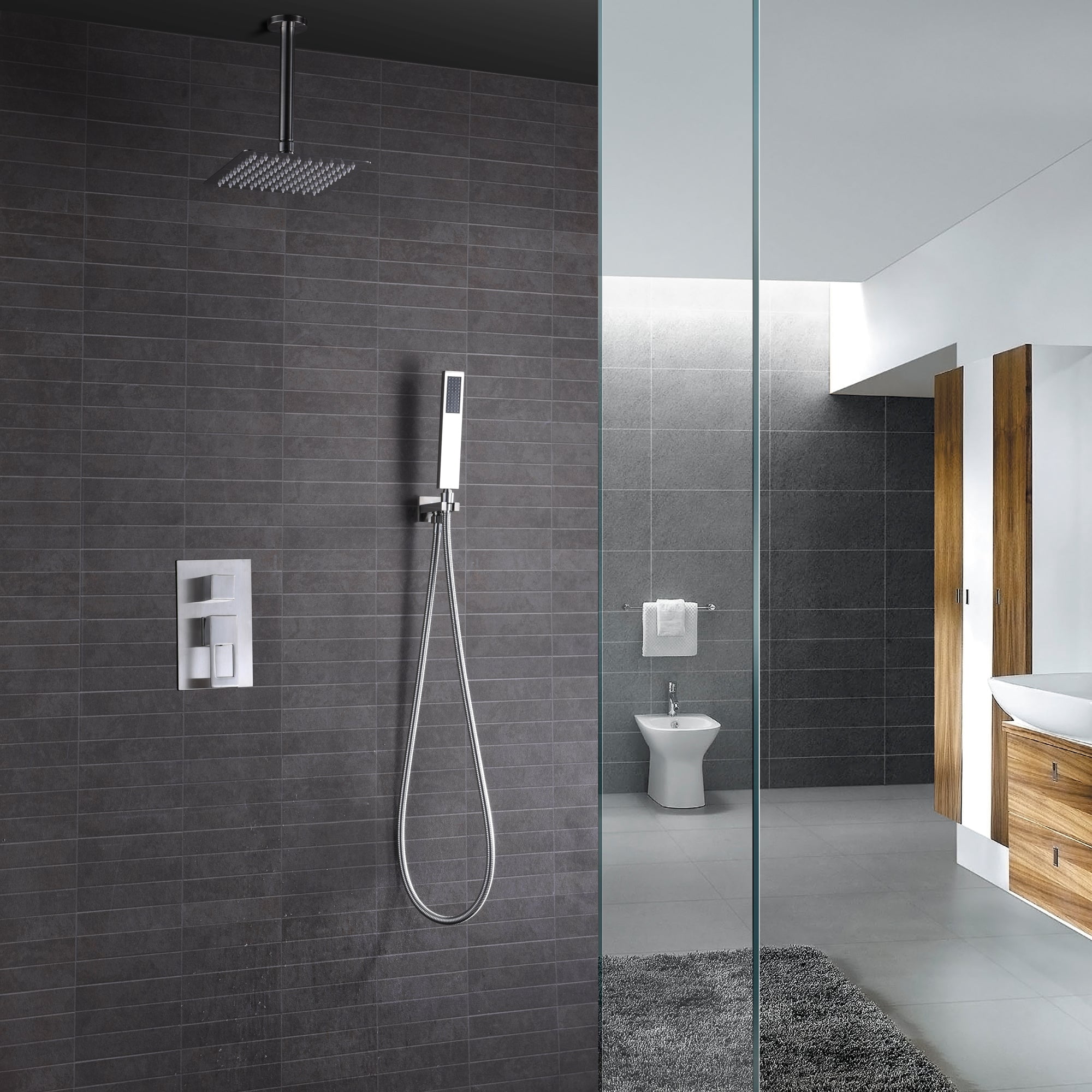Rain Shower Set System Brushed Nickel with Handheld Ceiling Mounted Shower Faucet with Rough-in Valve 10 Inches High Pressure Rain Shower Head