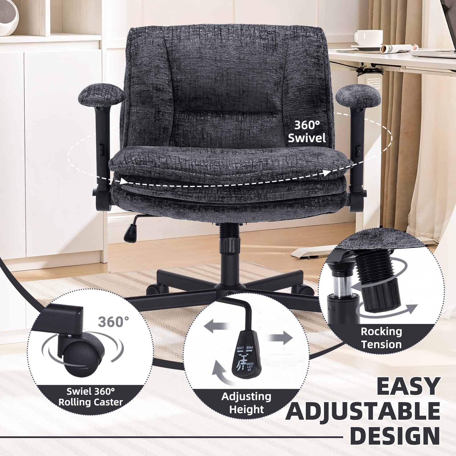 Criss Cross Legged Office Chair with Wide 3 Layer Cushions, Ergonomic Criss Cross Desk Chair with Dynamic Lumbar Support and Flip-up Arms, Mid Back Fabric Swivel Vanity Chair for Work, Study, Leisure