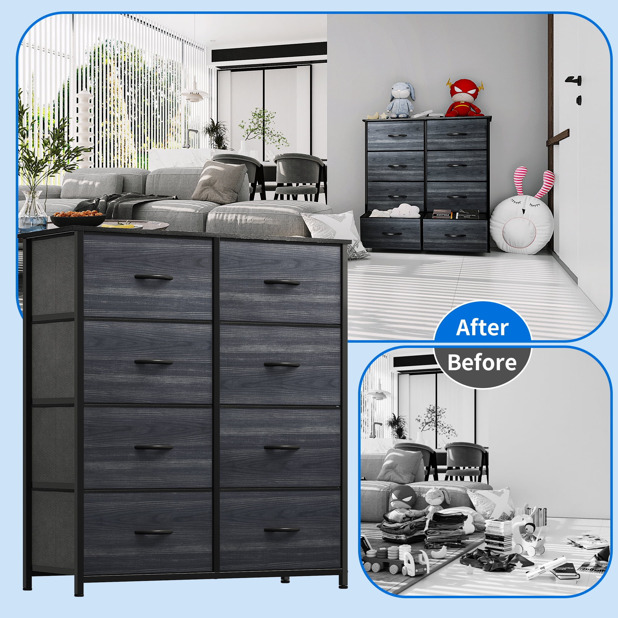 DEXTRUS 8-Drawer Fabric Dresser for Adults, Storage Organizer for Bedroom & Closet, Charcoal Black