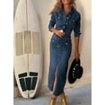 thumbnail image 6 of Denim Dress for Women Trendy Long Sleeve Button Down Denim Maxi Dress Bodycon Slit Long Jean Dresses Deep Blue XL, 6 of 9