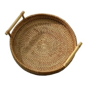 Serving Storage Tray,Hand-Woven Rattan Storage Tray Wicker Basket,Round Handwoven Serving Tray Food Baskets,Decorative Organizer Tray with Handles,Woven Serving Tray Breakfast 24x3cm