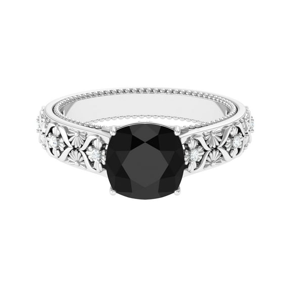 925 Sterling Silver Floral Design Cushion Cut Black Spinel Gemstone Women Engagement Ring, Anniversary Gift For Her_10.5