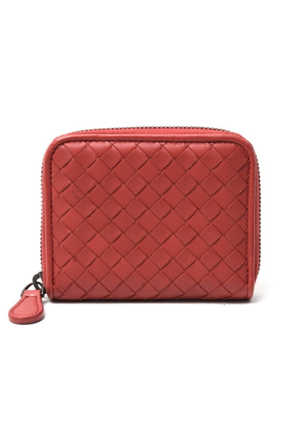 Pre-Owned Bottega Veneta Intrecciato Coin Case, Compact Wallet, Mini Red Lambskin (Fair)